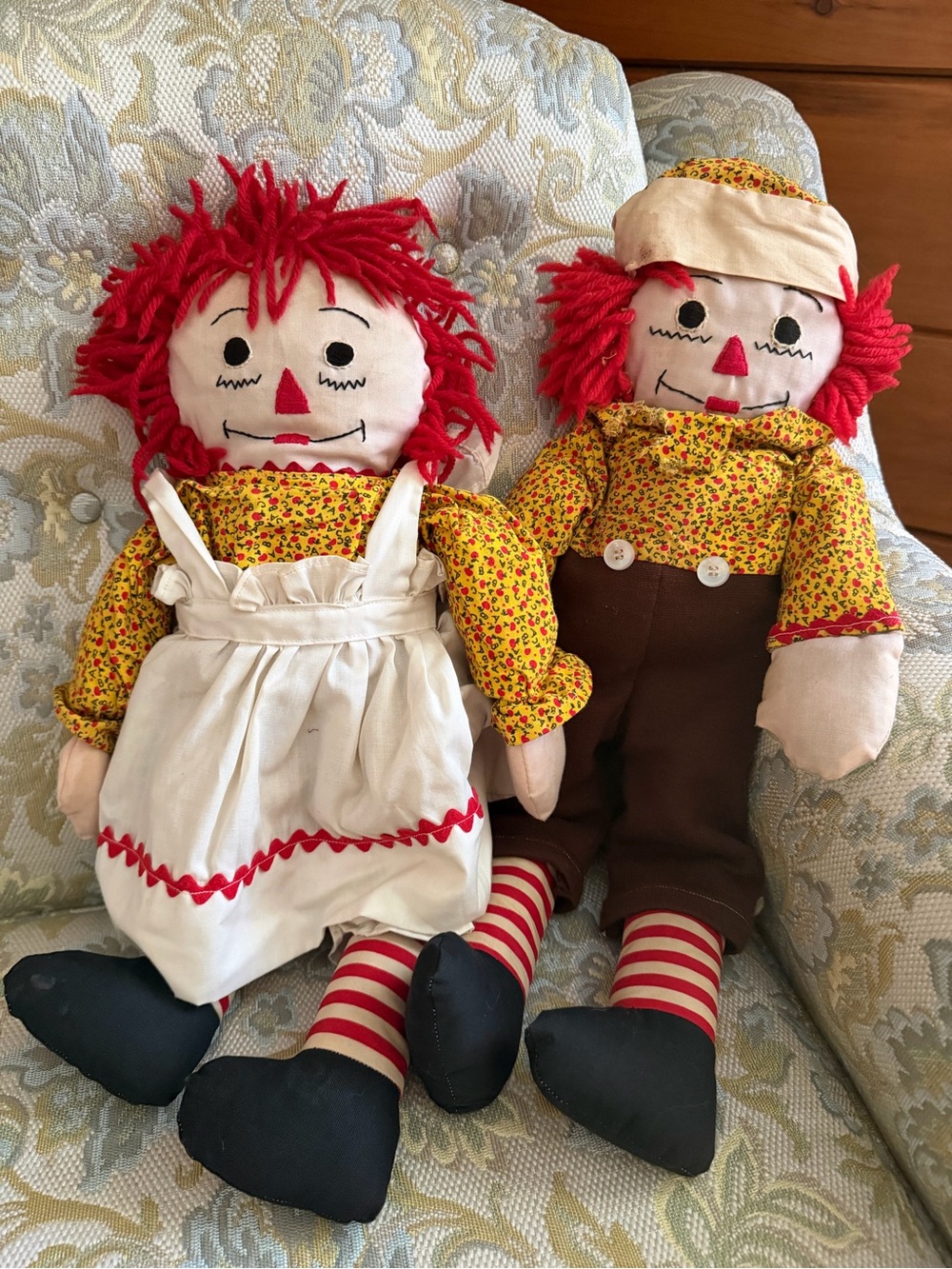 Vintage Raggedy Ann & Andy Cloth Rag dolls 19" Embroidered Nose Handmade?